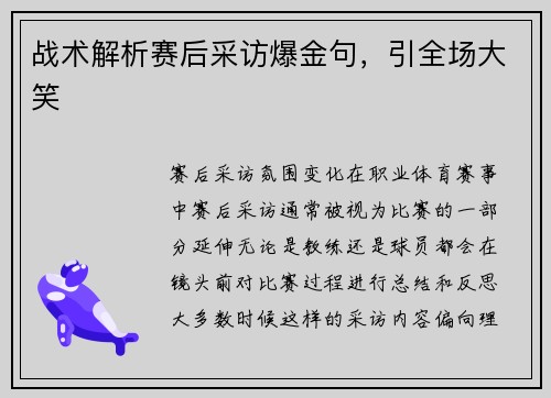 战术解析赛后采访爆金句，引全场大笑